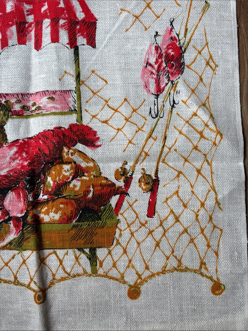 Vintage Fish Market Printed Kitchen Tea Towel - White with Red and Gold Accents